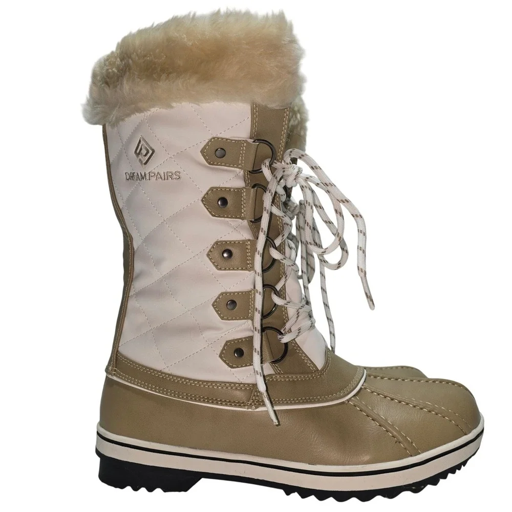 Dream Pairs River_1 Womens Snow Boots Khaki White 3M Thinsulate Faux Fur Size 10